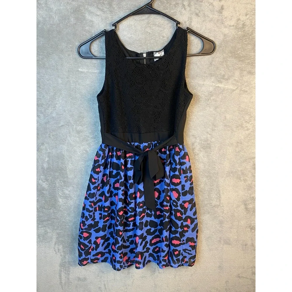 Disney Girls Dress M 10/12 Black Blue Pink Lace Leopard Sleeveless